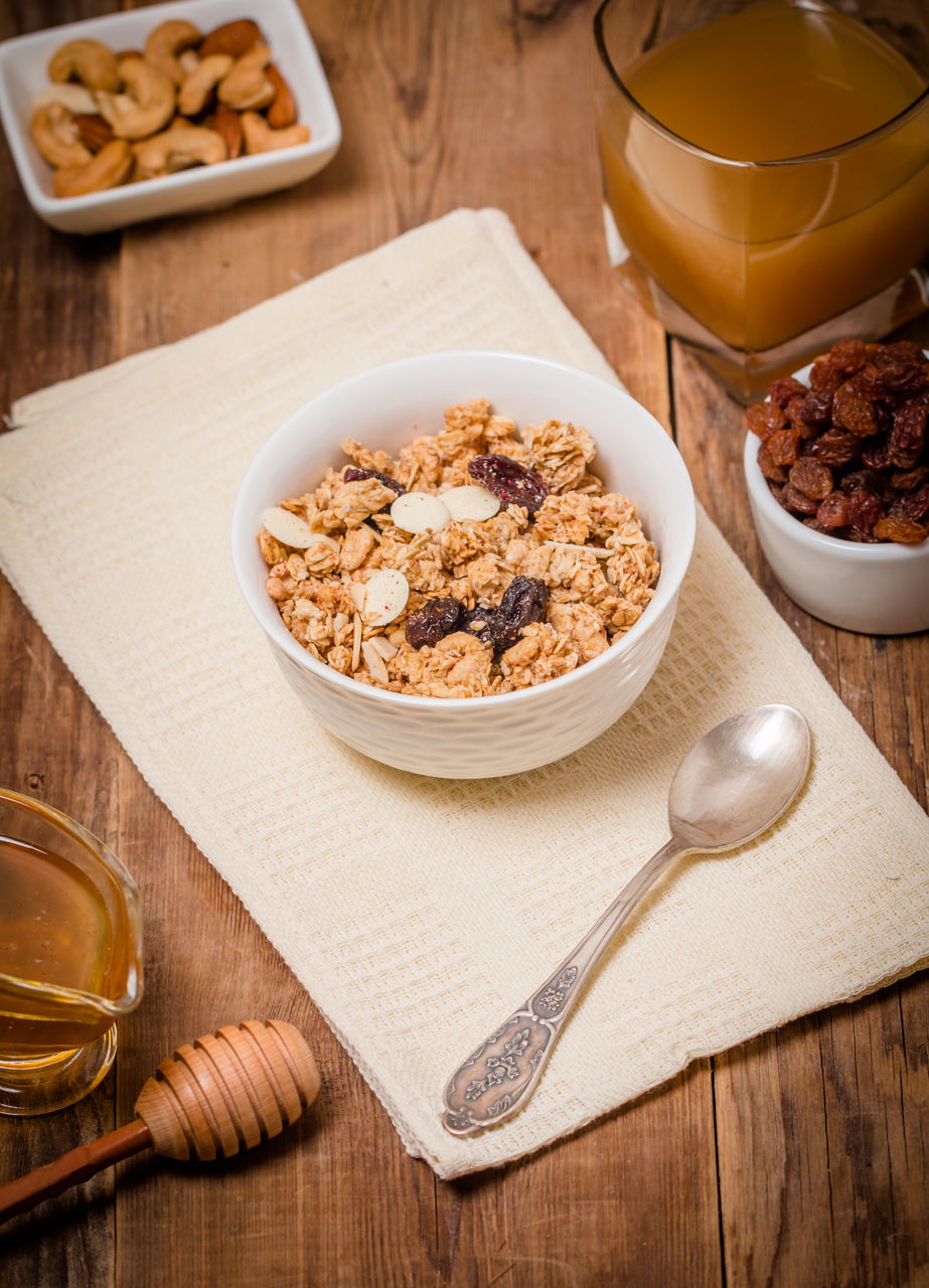 HIGH ANGLE VIEW OF BREAKFAST SERVED IN BOWL ON TABLE