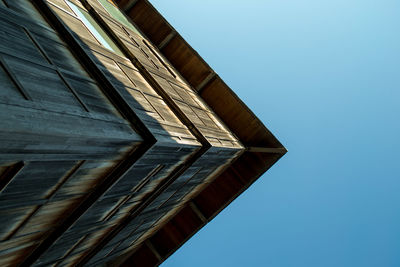 Low angle view of building against clear blue sky