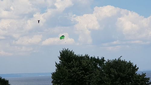 Low angle view of balloons flying over sea against sky