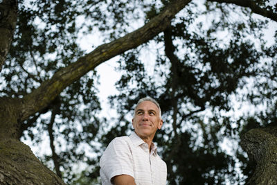 Low angle view of thoughtful man looking away while sitting against trees at park during sunset