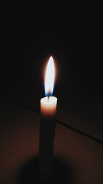 Close-up of lit candle in the dark