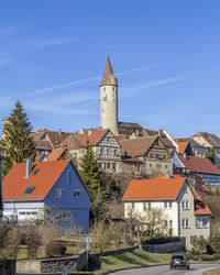 Buildings in town against blue sky