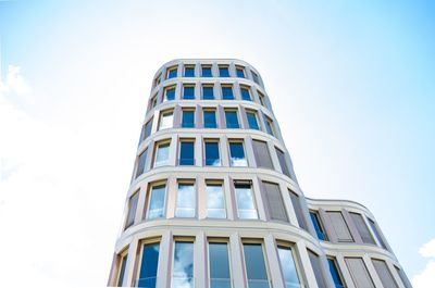 Low angle view of modern building against clear sky