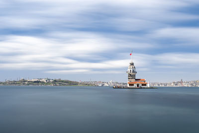 View of buildings by sea against cloudy sky