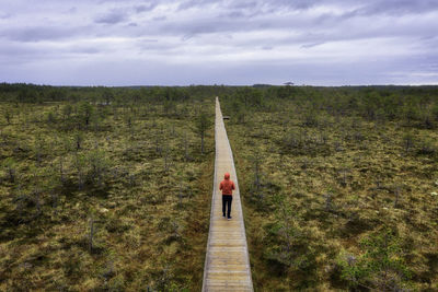 Rear view of man on dirt road amidst trees against sky