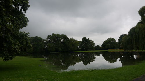 Scenic view of lake against cloudy sky