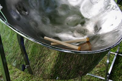 High angle view of musical equipment