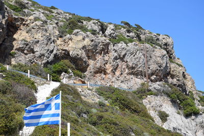 Low angle view of rocky mountains against clear blue sky