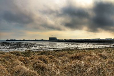 Scenic view of sea against dramatic sky