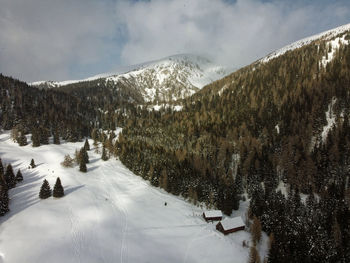 Snow covered landscape against sky