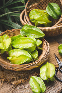 High angle view of vegetables in basket on table