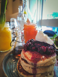 Close-up of cake served on table