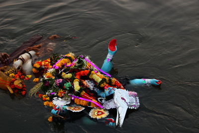 High angle view of durga idol in sea