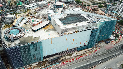 High angle view of street amidst buildings in city