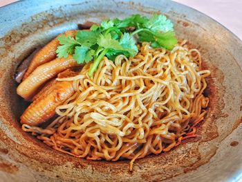 High angle view of noodles in bowl