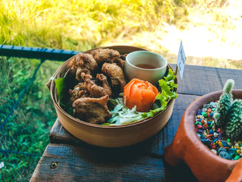 High angle view of food served on table