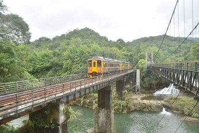 Bridge over river amidst trees against sky