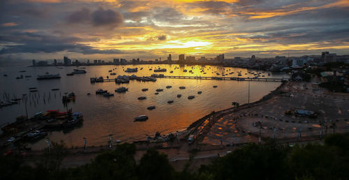 High angle view of cityscape against sky during sunset