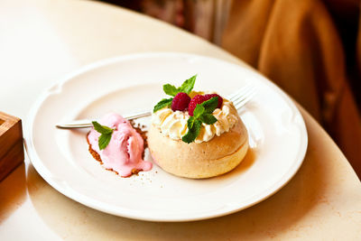 Close-up of dessert served on table