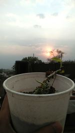 Close-up of hand holding bowl against sky at sunset