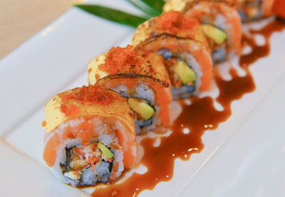 Close-up of sushi served in plate