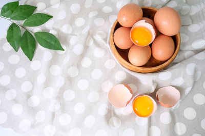 High angle view of eggs in container