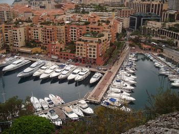 High angle view of boats moored in sea