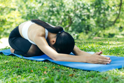 Rear view of woman relaxing on field