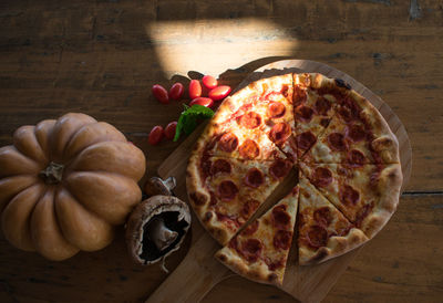 High angle view of pizza on table