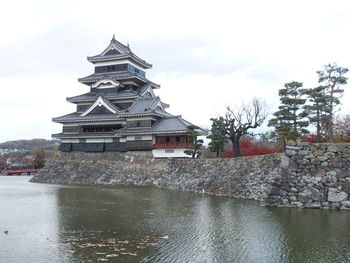 View of building by lake against sky