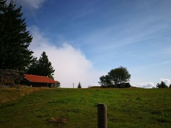 House amidst trees and plants on field against sky