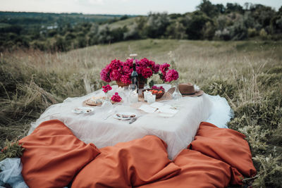 Flowers on table against clear sky