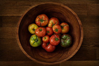 High angle view of tomatoes in bowl on table