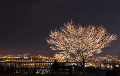 Illuminated city by river against sky at night