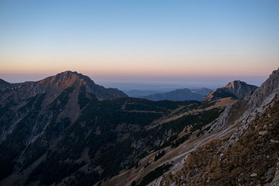 Scenic view of mountains against clear sky at sunset