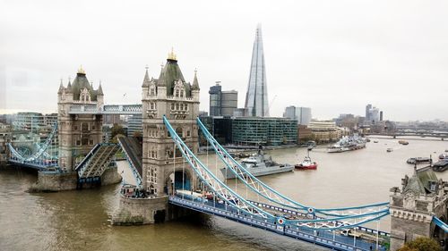 Bridge over river with city in background