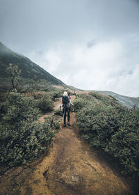 Rear view of man walking on trail against sky