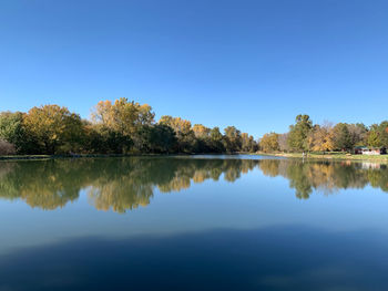 Scenic view of lake against clear blue sky