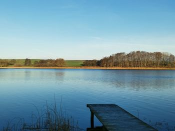 Scenic view of lake against clear blue sky