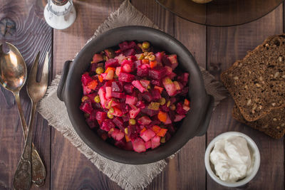 High angle view of fruits in plate on table