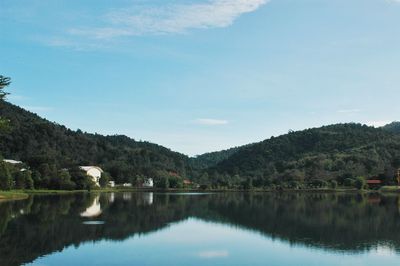 Scenic view of lake by trees against sky