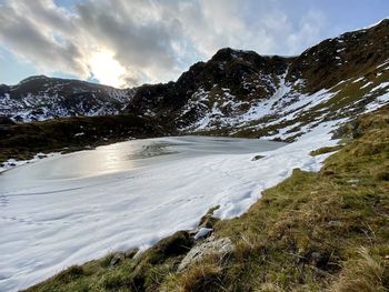 Scenic view of snowcapped mountains against sky