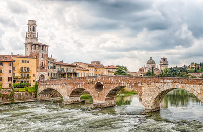 Arch bridge over river against cloudy sky