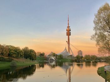 Reflection of building in lake at sunset