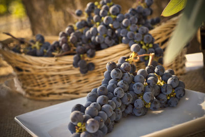 Close-up of grapes in basket on table