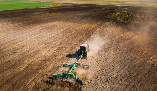 High angle view of tractor on field