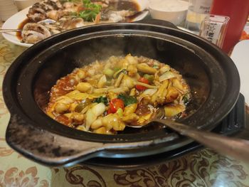 High angle view of food served on table