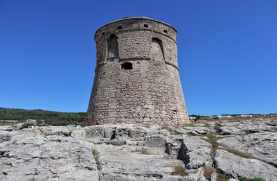 Low angle view of old tower against clear blue sky