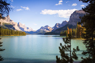 Scenic view of lake and mountains against sky