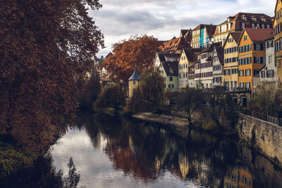 Reflection of trees and buildings in river